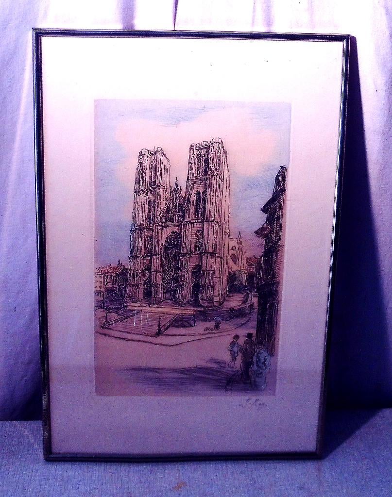 Prachtige Gekleurde Ets 'Spaanse Kathedraal' - Rey, Antiek en Kunst, Kunst | Etsen en Gravures, Ophalen of Verzenden