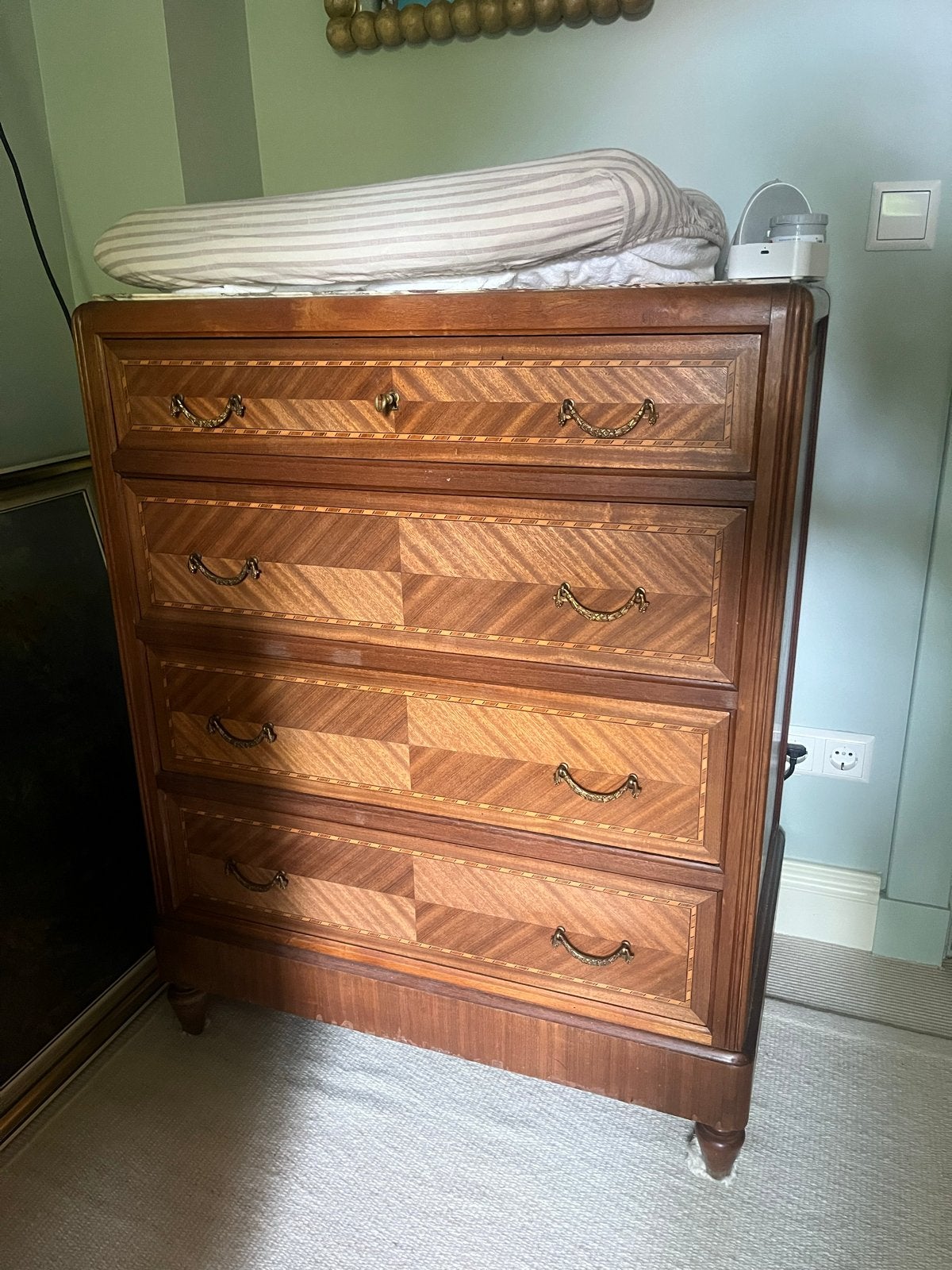 Commode ladekast met ingelegd hout en marmeren blad, Gebruikt, 100 tot 150 cm, Ophalen of Verzenden, 3 of 4 laden