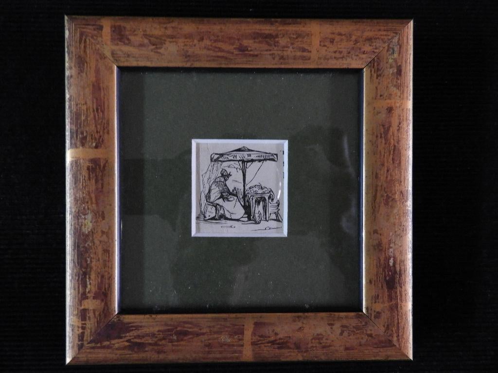 Gravure - Vrouw achter verkoopkraam, Antiek en Kunst, Kunst | Etsen en Gravures, Gravure, Ingelijst, Met passe-partout, Dagelijks leven