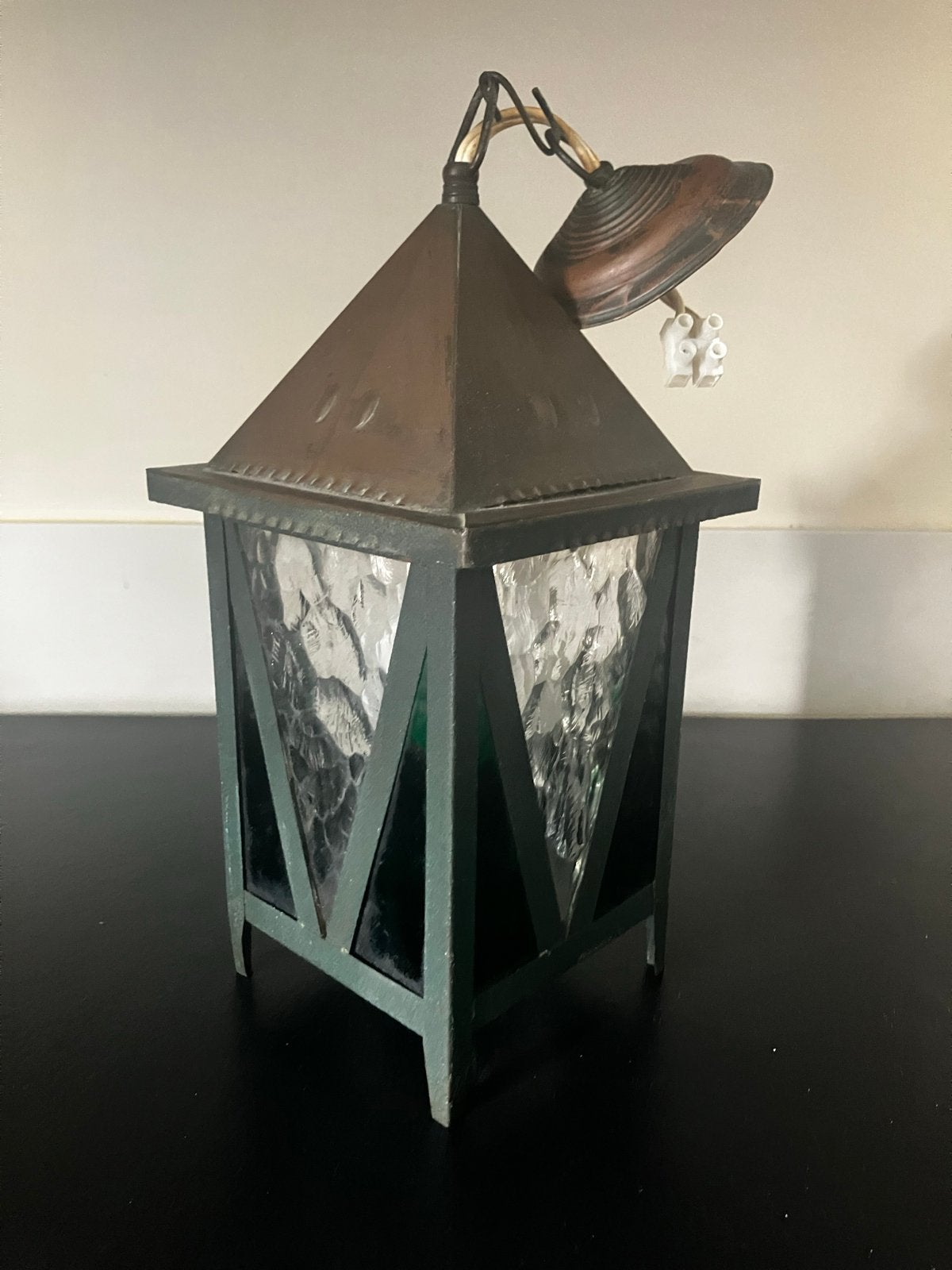 Vintage Koperen Hanglamp met Gehamerd Glas, Ophalen of Verzenden