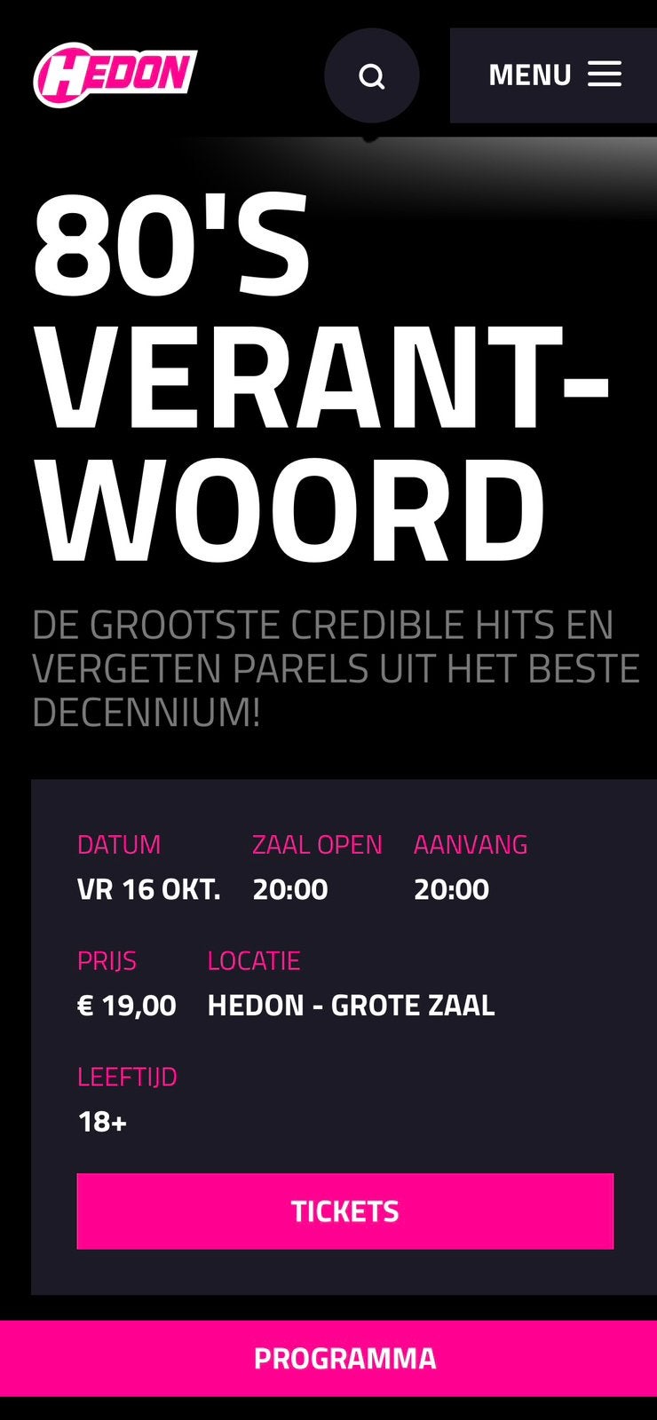 Kaarten Hedon 80s verantwoord vrijdag 16 oktober, Twee personen, Oktober