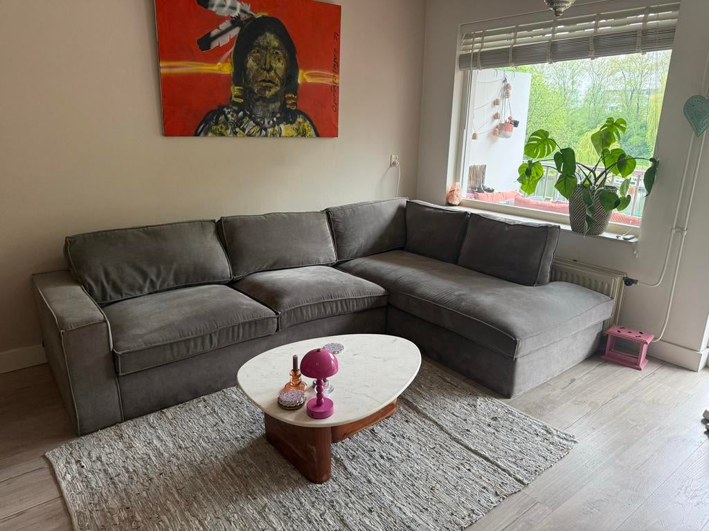 Grijze ribstof hoekbank (Loods 5) - 2.83x2m, Ophalen, 250 tot 300 cm, Gebruikt, Hoekbank