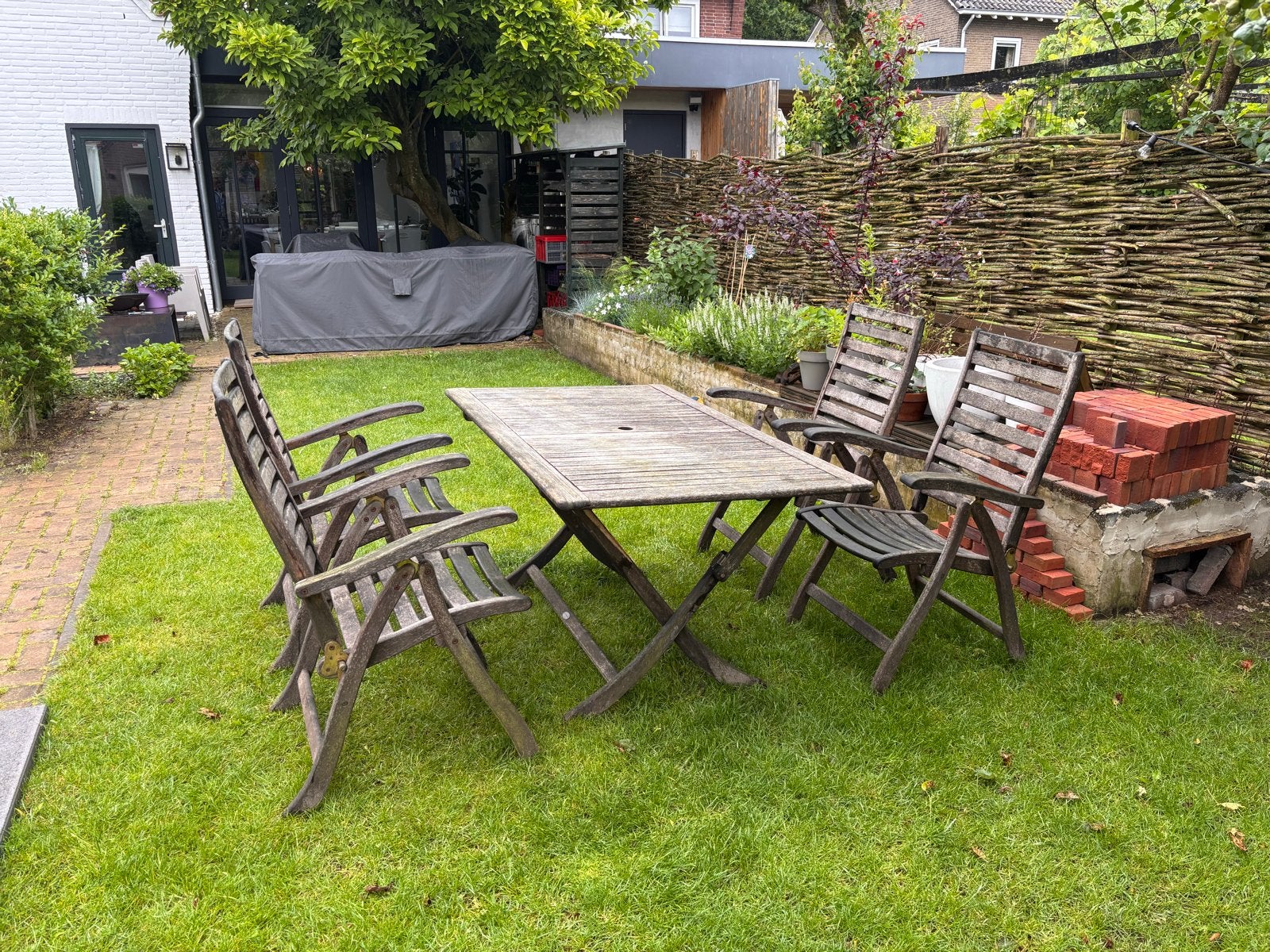 Inklapbare Hardhouten tuintafelset van terrazzo, Tuin en Terras, Tuintafels, Ophalen, Gebruikt, Rechthoekig, Hout