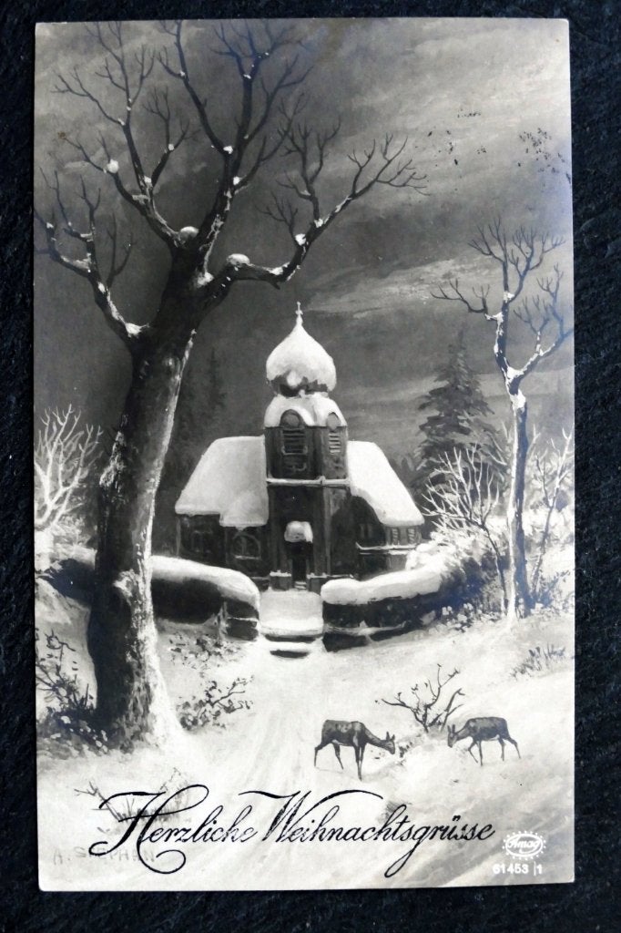 Nieuwjaarsgroeten, herten, kerkje, sneeuw, 1918, Ophalen of Verzenden, Voor 1920, Gelopen, Feest(dag)