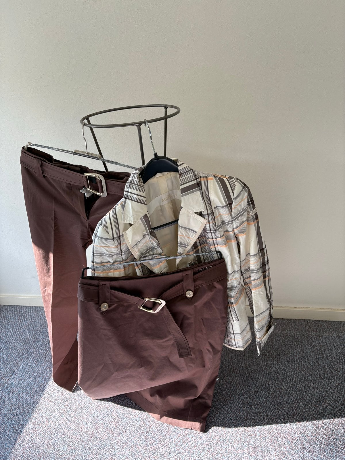 Airfield Damespak: Geruite Blazer & Bruine Broek/Rok, Kleding | Dames, Ophalen of Verzenden, Zo goed als nieuw, Maat 38/40 (M)