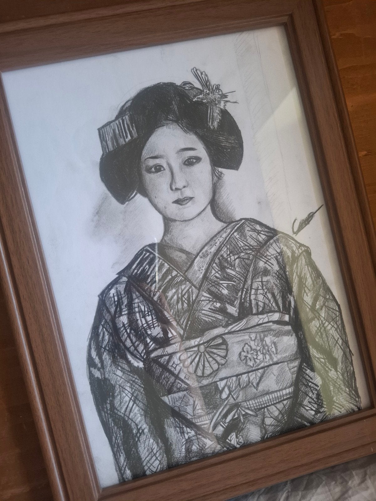Handgetekend portret Japanse Geisha in lijst, Ophalen of Verzenden