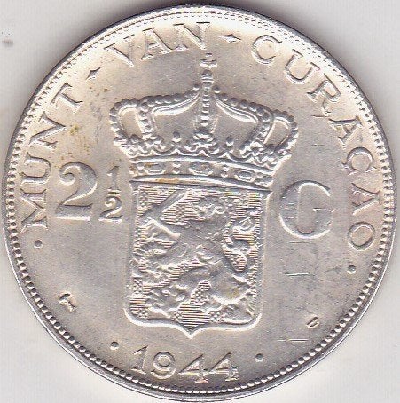 WILHELMINA 2½ GULDEN CURACAU 1944, Postzegels en Munten, Ophalen of Verzenden, Koningin Wilhelmina, 2½ gulden
