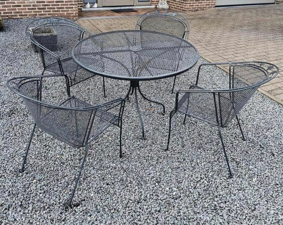 Metalen tuinset met 4 stoelen en tafel, Ophalen, Gebruikt, Tuinset, Eettafel