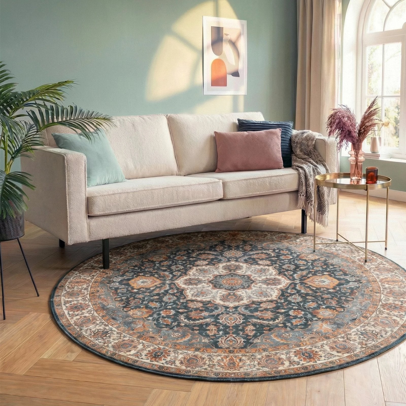 FRAAI Rond Vintage Vloerkleed - Imagine Medaillon Rustiek 12, Huis en Inrichting, 100 tot 150 cm, Blauw, Rond, Ophalen of Verzenden