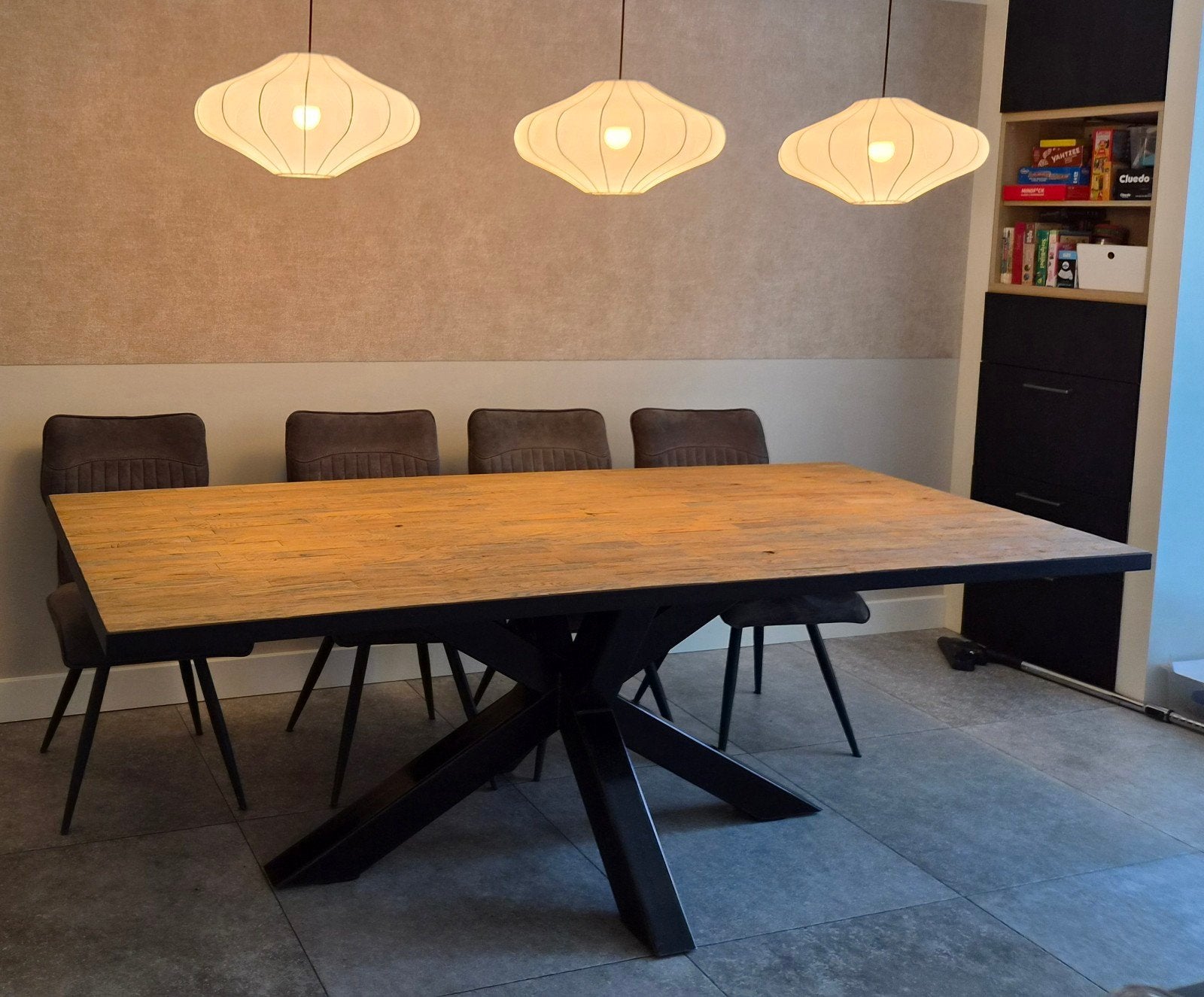 8-persoons eettafel ingelegd hout stalen spinpoot 240x100, Ophalen, Gebruikt, 100 tot 150 cm, 200 cm of meer