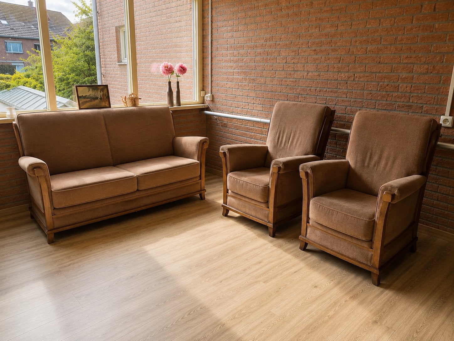 Vintage 2-zitsbank en 2 fauteuils - Bruin stof en hout, Ophalen, Gebruikt, 150 tot 200 cm, Tweepersoons