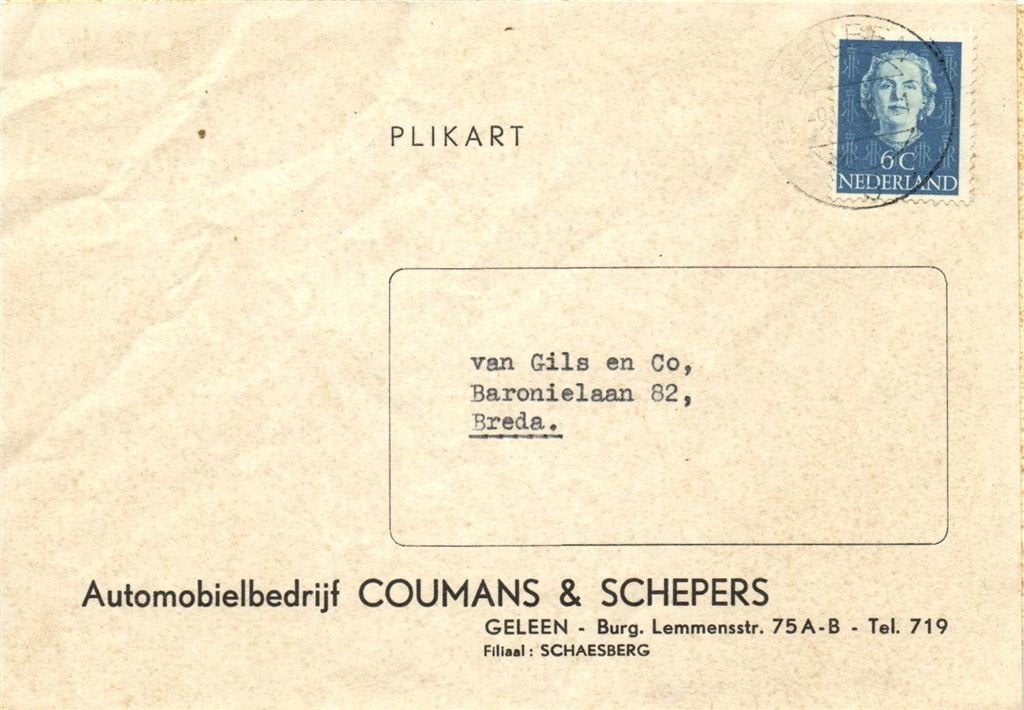 Coumans + Schepers, Geleen - 09.1952- plikart, Postzegels en Munten, Ophalen of Verzenden, Briefkaart