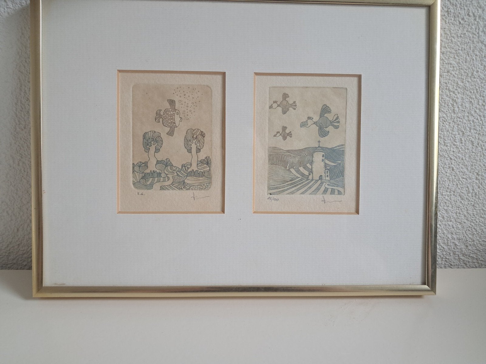 Twee ingelijste etsen, genummerd en gesigneerd, Antiek en Kunst, Genummerd, Ophalen of Verzenden, Landschap, 1950 - 1999