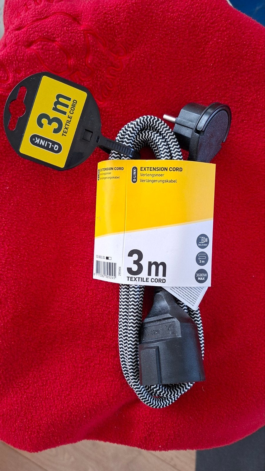 Nieuwe Q-Link Textiel Verlengsnoer 3m - Zwart/Wit, Ophalen, Nieuw, Kabel of Snoer