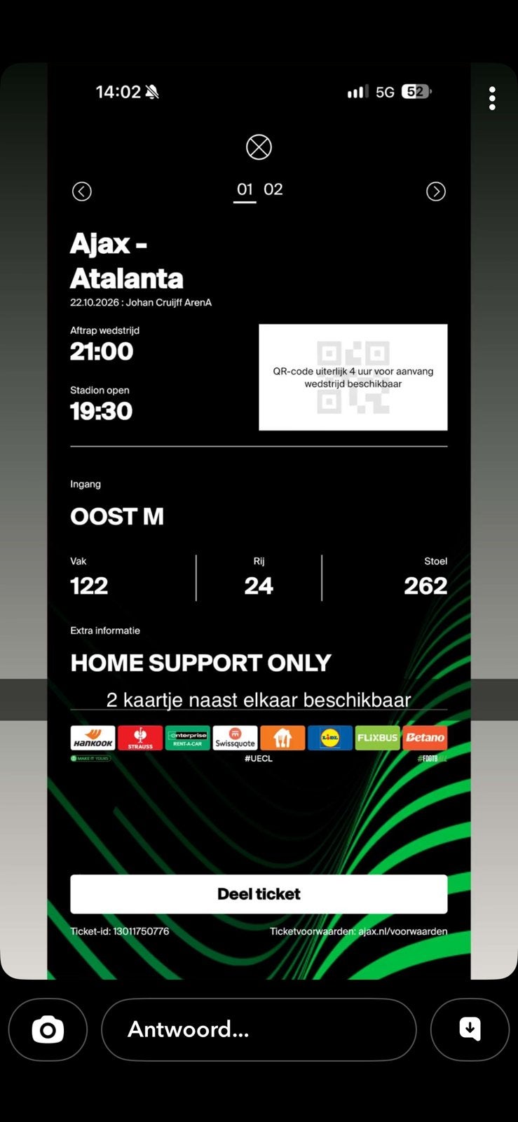 Ajax - atalanta 2 kaarten vak 122 rij 24, Ophalen of Verzenden, Zo goed als nieuw, 6 megapixel of meer, Overige modellen
