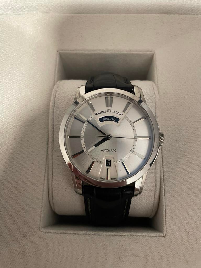 Maurice Lacroix Pontos Day Date Automaat te koop!, Leer, Staal, Polshorloge, Zo goed als nieuw