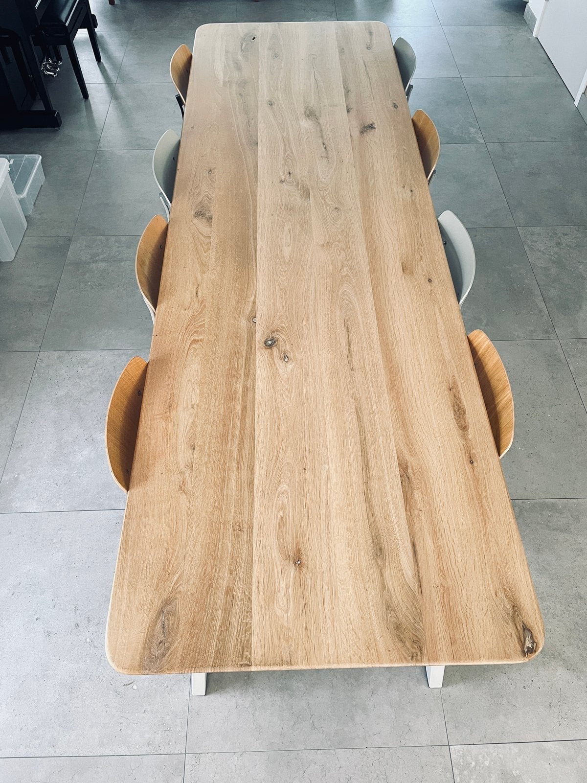 Eikenhouten eettafel met metalen onderstel, Ophalen, Gebruikt, Eikenhout, 200 cm of meer