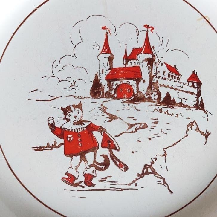 Emaille kinderservies bord Gelaarsde Kat - sprookje, Verzamelen, Ophalen of Verzenden, Huis en Inrichting