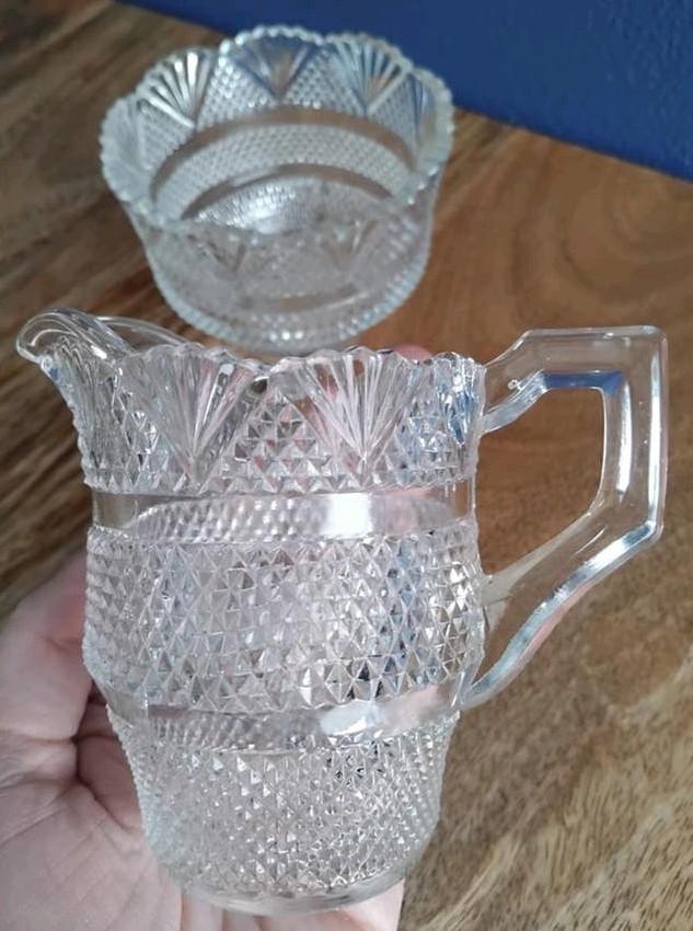 🔷️Antiek Roomstel persglas 🔷️Wilhemina Ruit-Waaierpatroon, Antiek en Kunst, Ophalen of Verzenden