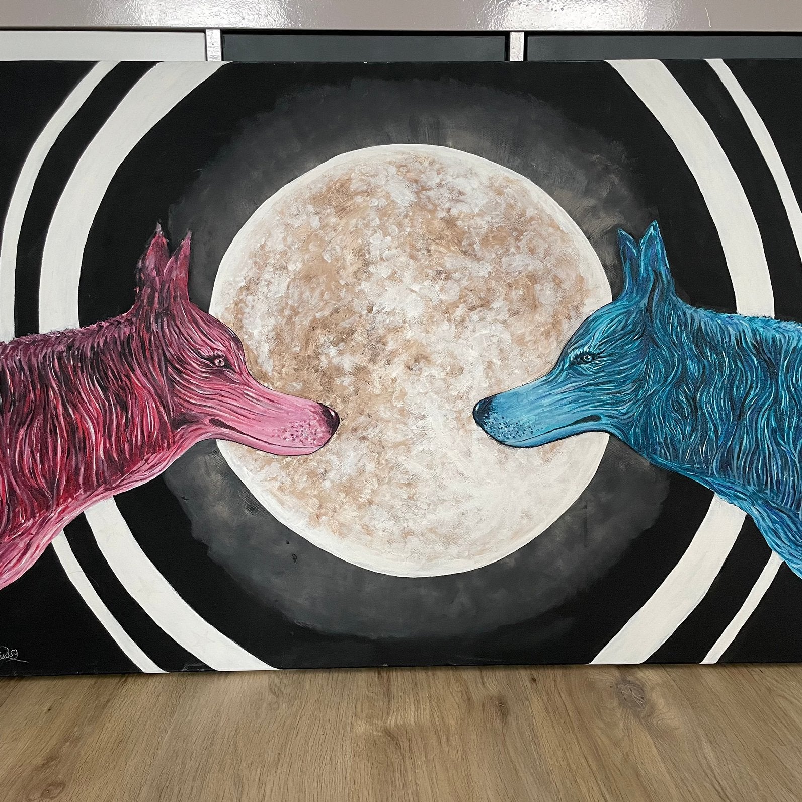 Handgemaakt Acryl Schilderij Maan en Wolven, Ophalen
