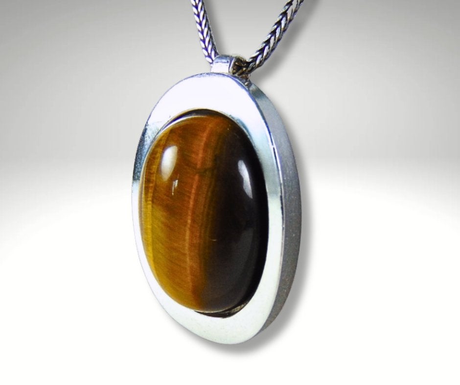 Grote 925 zilver THEODOR KLOTZ modernist tijgeroog hanger!, Verzenden, Zo goed als nieuw, X, Met edelsteen