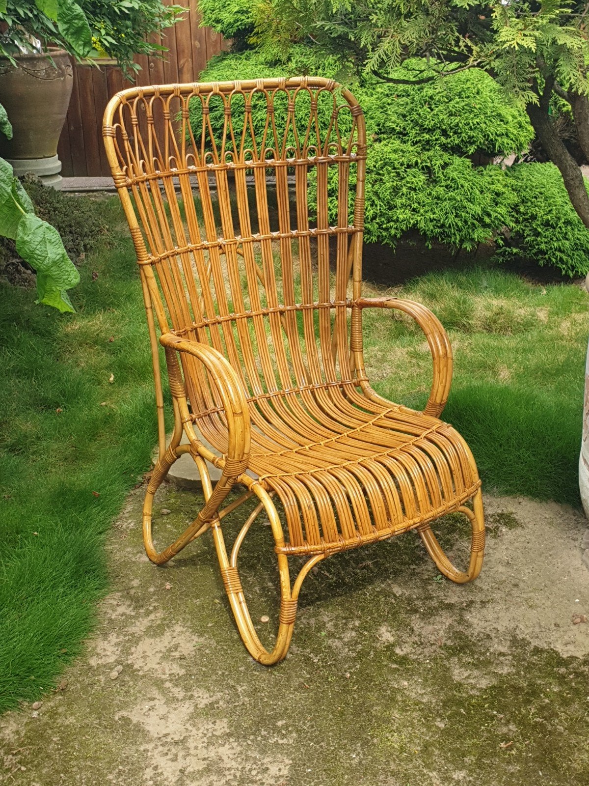 Prachtige Hoge Luxe Vintage Rotan Rohé Fauteuil Stoel 50/60, Huis en Inrichting, Fauteuils, Ophalen, Gebruikt, Vintage Rotan Design