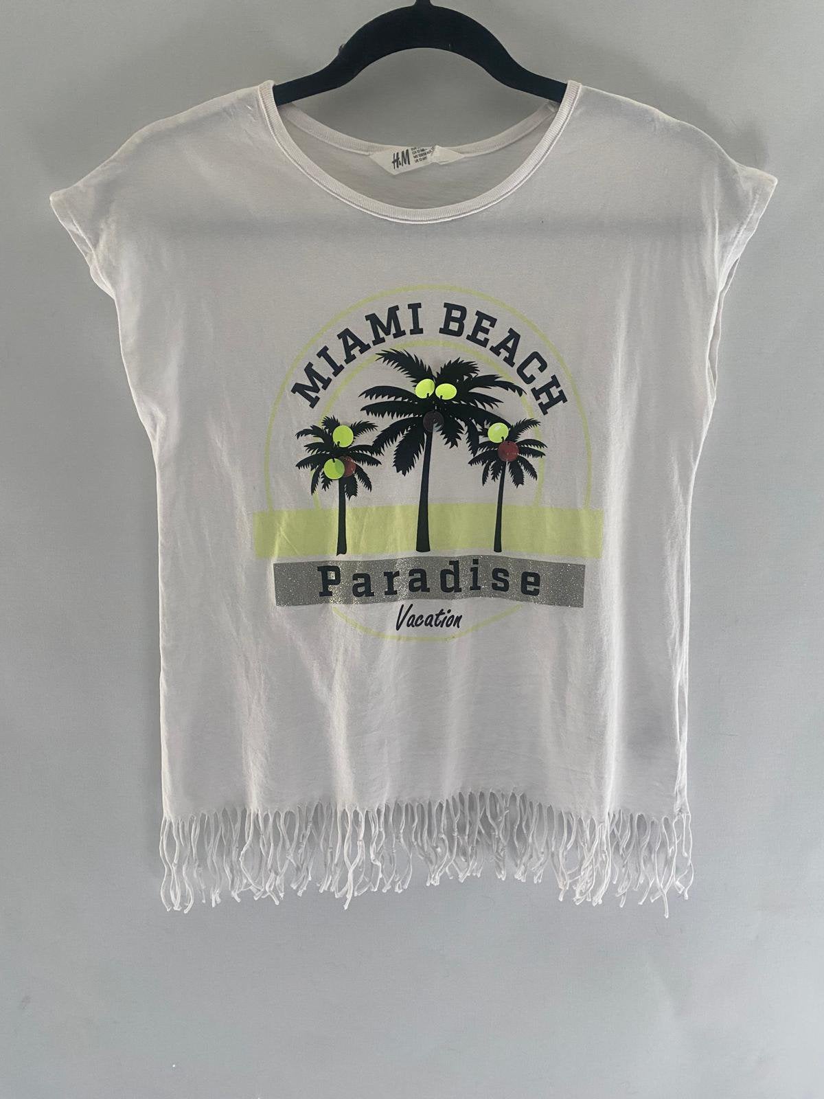 H&M Miami Beach T-shirt met franjes | Wit | Maat 158/164, Ophalen of Verzenden, Zo goed als nieuw, Meisje, Shirt of Longsleeve