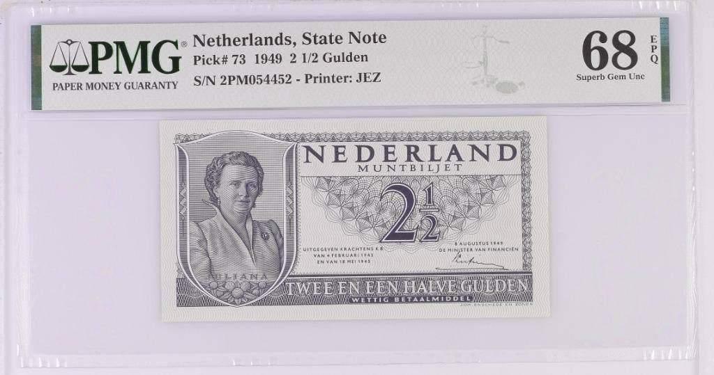 UNC biljet 2,5 gulden Juliana, 1949 | PMG 68 EPQ, Ophalen of Verzenden