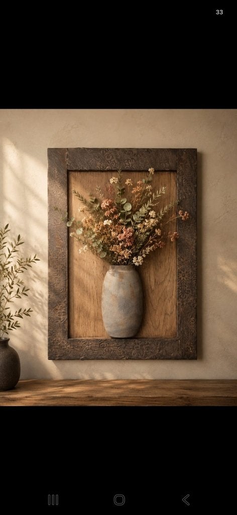 Wanddecoratie, oud deurtje, kunstbloemen, houten vaas, Ophalen, Zo goed als nieuw