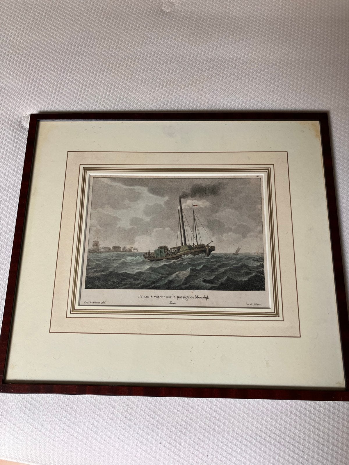 Antieke Lithografie: Stoomschip op het Moerdijk - Nedlloyd, Antiek en Kunst, Ingelijst, Ophalen, Landschappen, Lithografie