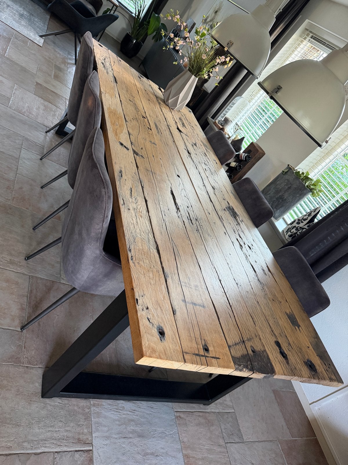 Eettafel van franse wagondelen met metalen onderstel, Ophalen, Gebruikt, 100 tot 150 cm, Eikenhout