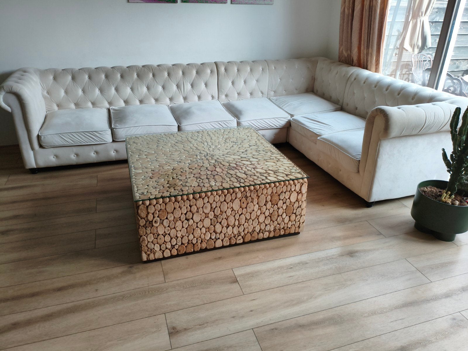 Grote Crèmekleurige Hoekbank 3.5x2.3m - Chesterfield Stijl, Gebruikt, 300 cm of meer, 75 tot 100 cm, Ophalen of Verzenden
