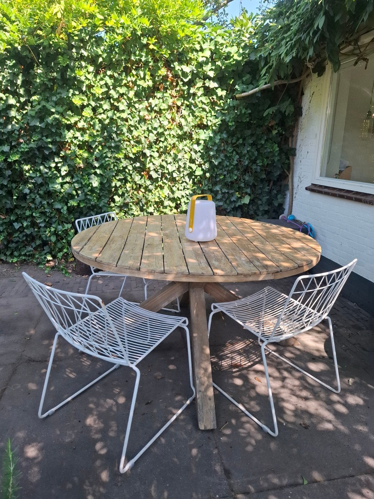Ronde houten tuintafel 140 cm, Tuin en Terras, Tuintafels, Ophalen, Gebruikt, Rond, Hout
