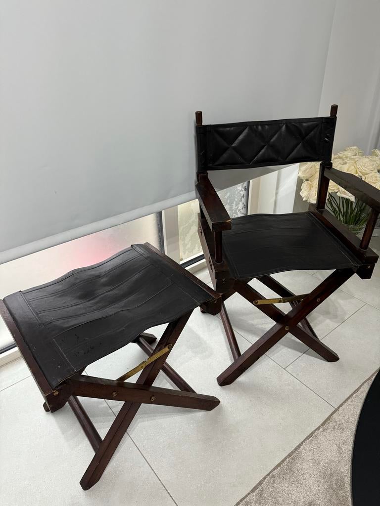 Vintage Regisseursstoel met Voetenbank - Leer & Hout, Antiek en Kunst, Ophalen of Verzenden