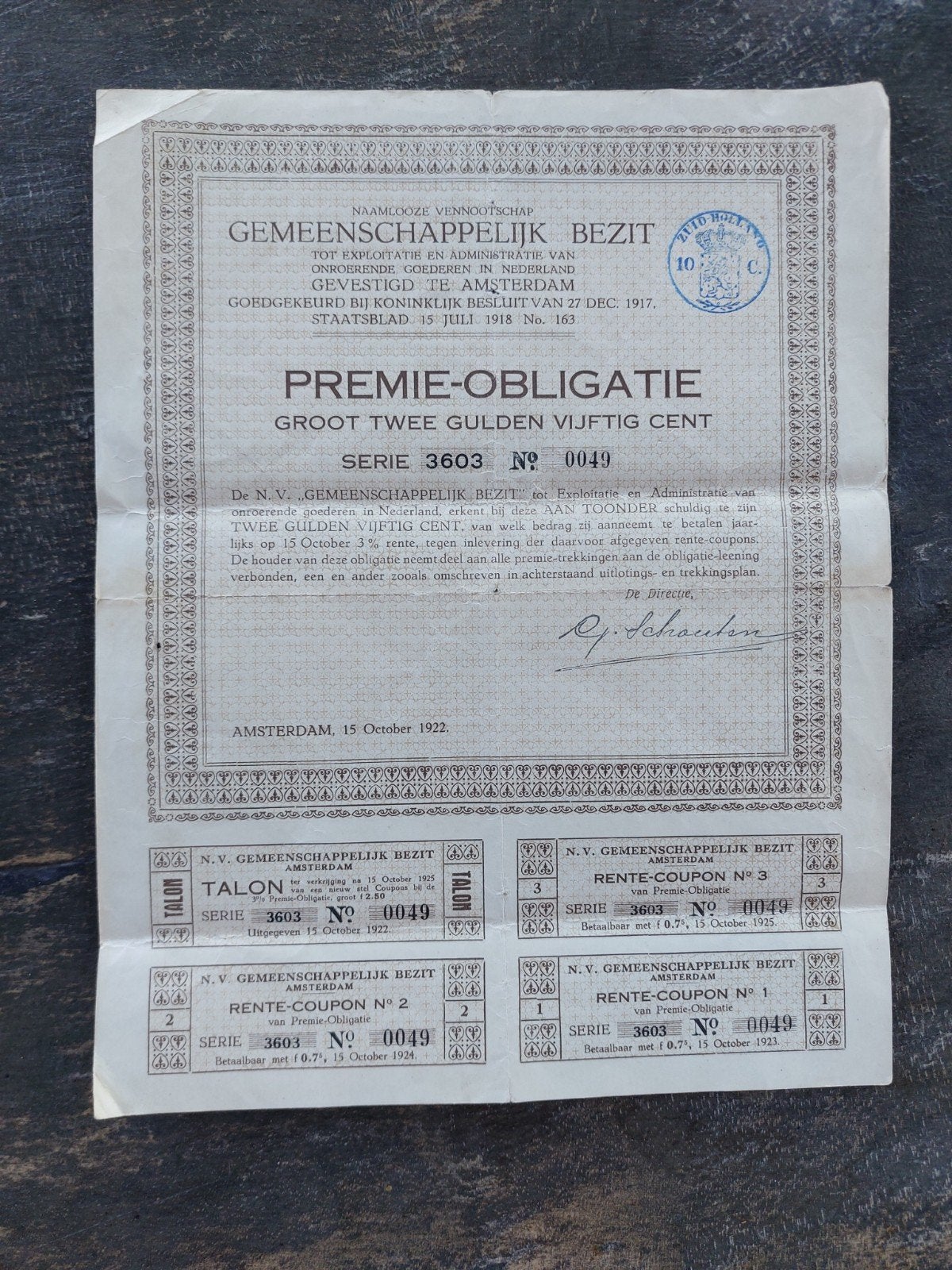 Zeldzame Premie-Obligatie Gemeenschappelijk Bezit 1922, Ophalen of Verzenden