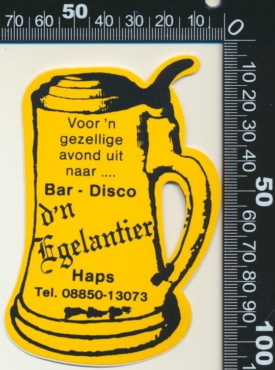 Sticker: Bar Disco Den Egelantier - Haps, Verzamelen, Ophalen of Verzenden, Zo goed als nieuw, Bedrijf of Vereniging