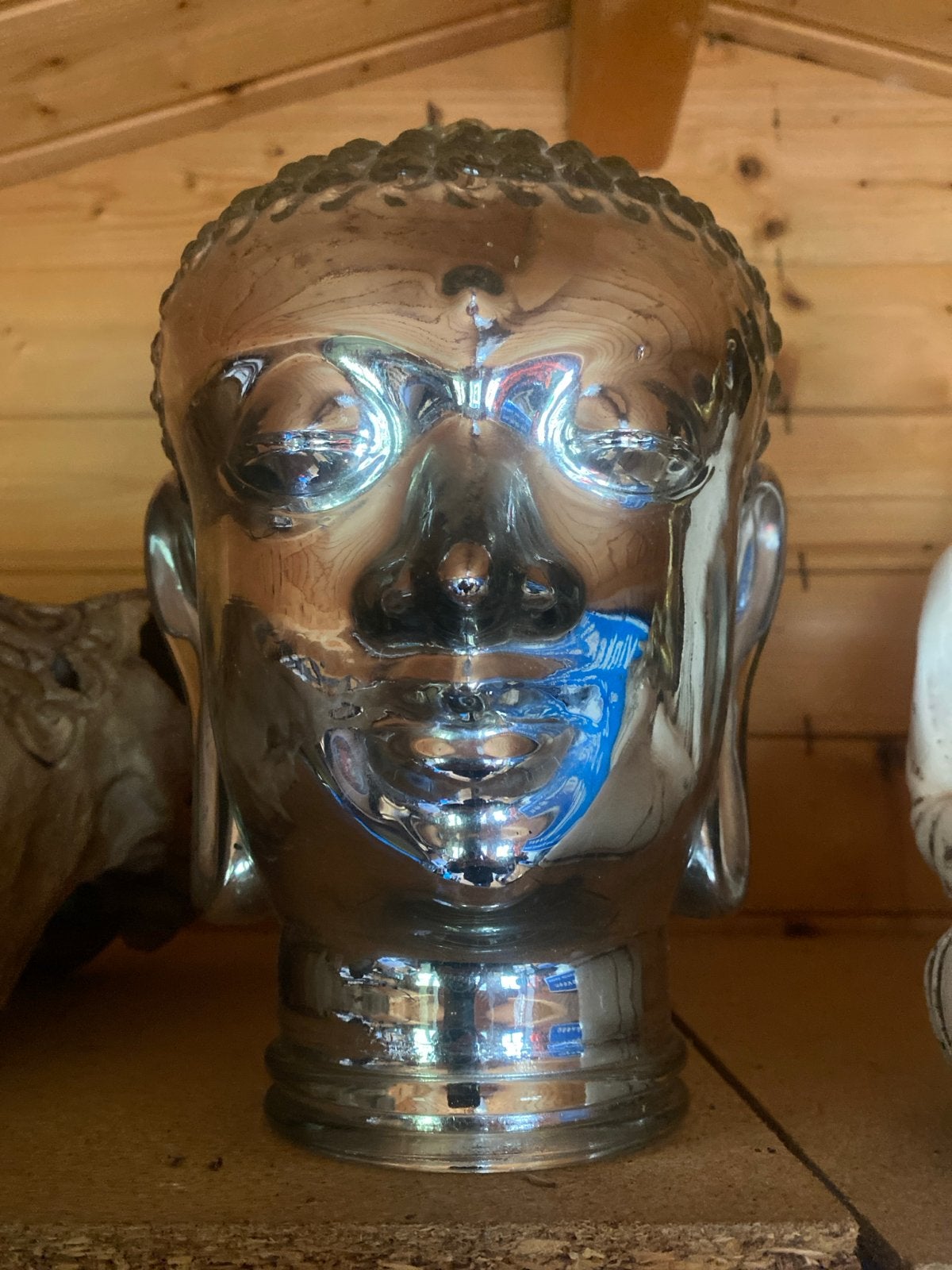 Zilverkleurige Boeddha Hoofd Decoratie, Ophalen of Verzenden, Zo goed als nieuw, Glas, Zilver