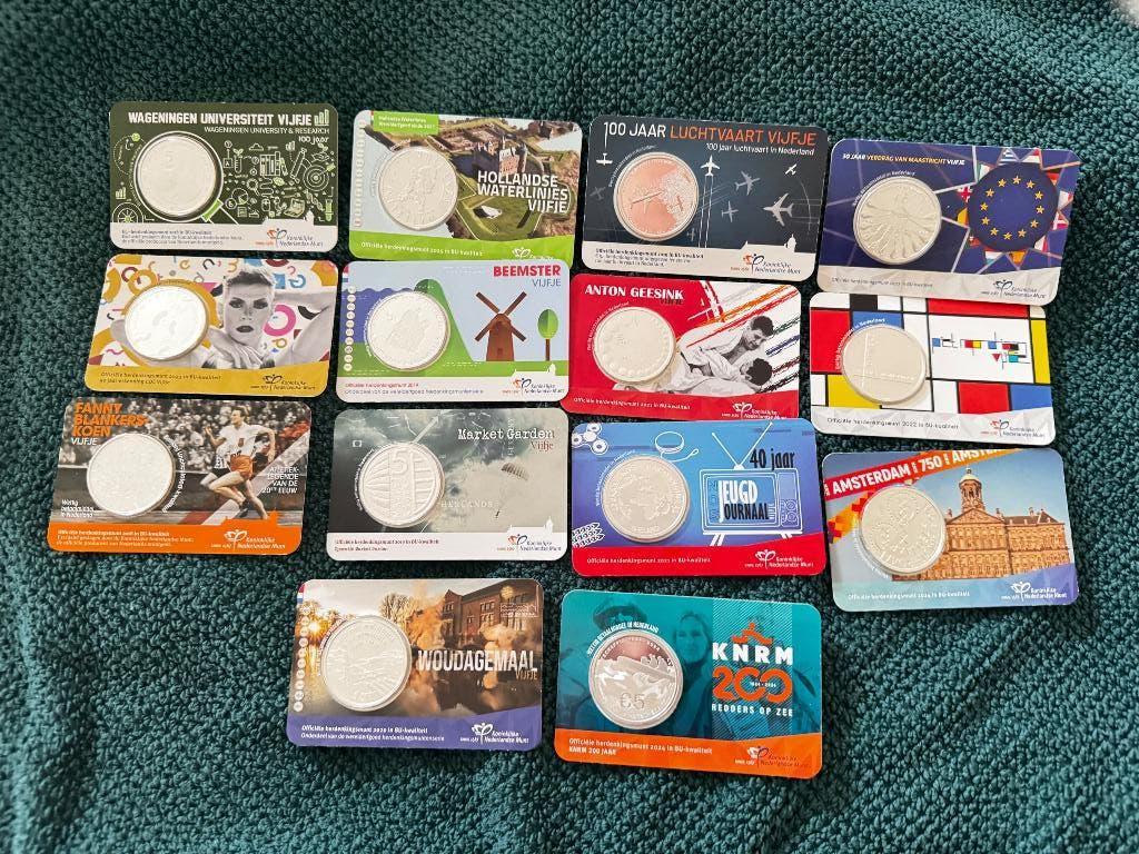 14 verzilverde 5 € coincards BU kwaliteit - kan ook per stuk, Setje, Koningin Beatrix, Zilver, Euro's