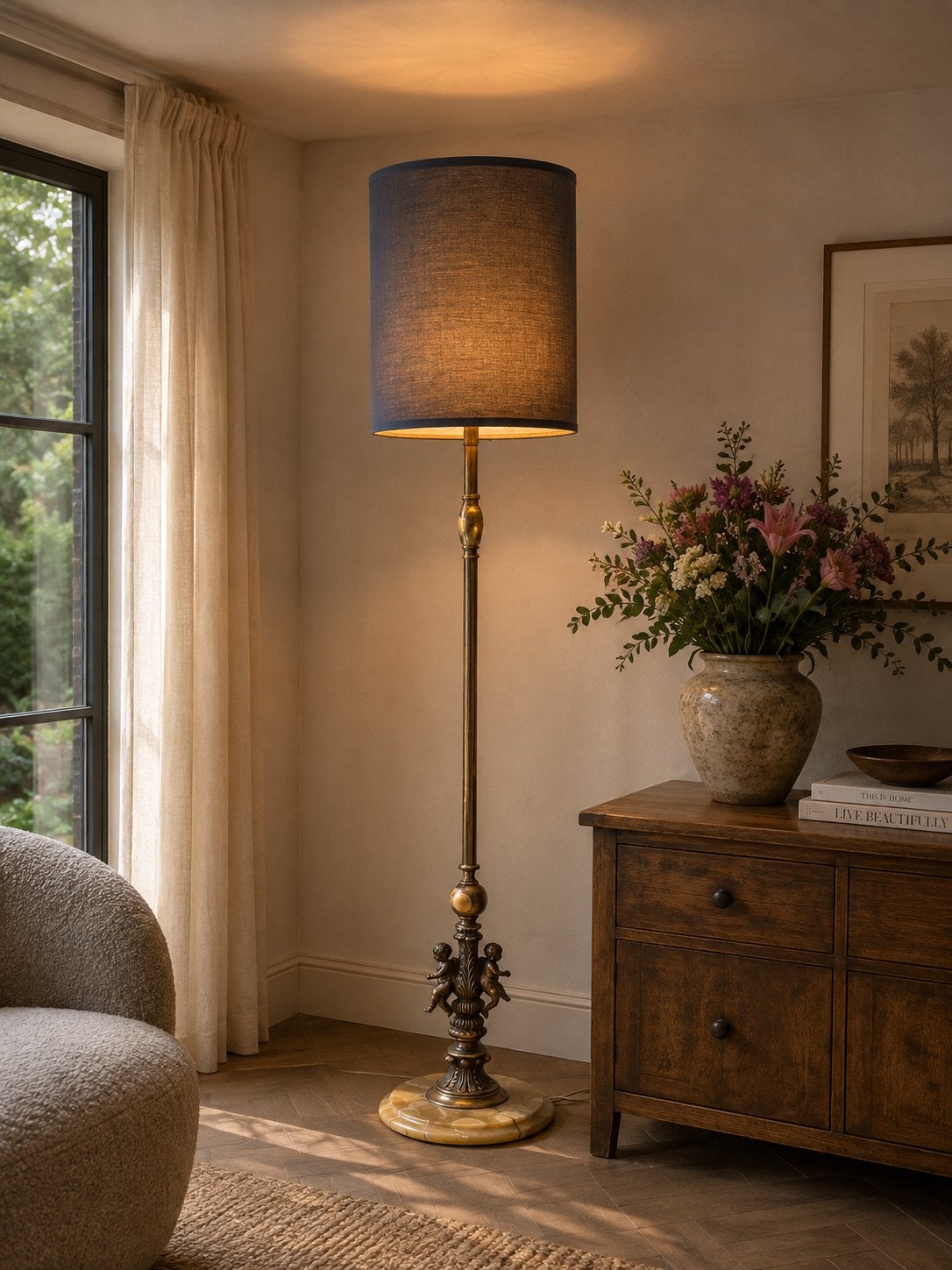 Vintage staande vloerlamp met cherubijnen onyx voet Klassiek, Huis en Inrichting, Lampen | Vloerlampen, Ophalen of Verzenden, Zo goed als nieuw
