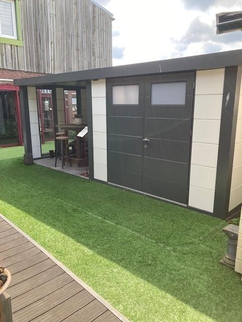 ACTIE!! Demo metalen tuinhuis met luifel 582x238cm., Ophalen, 200 tot 400 cm, Tuinhuis, Zo goed als nieuw
