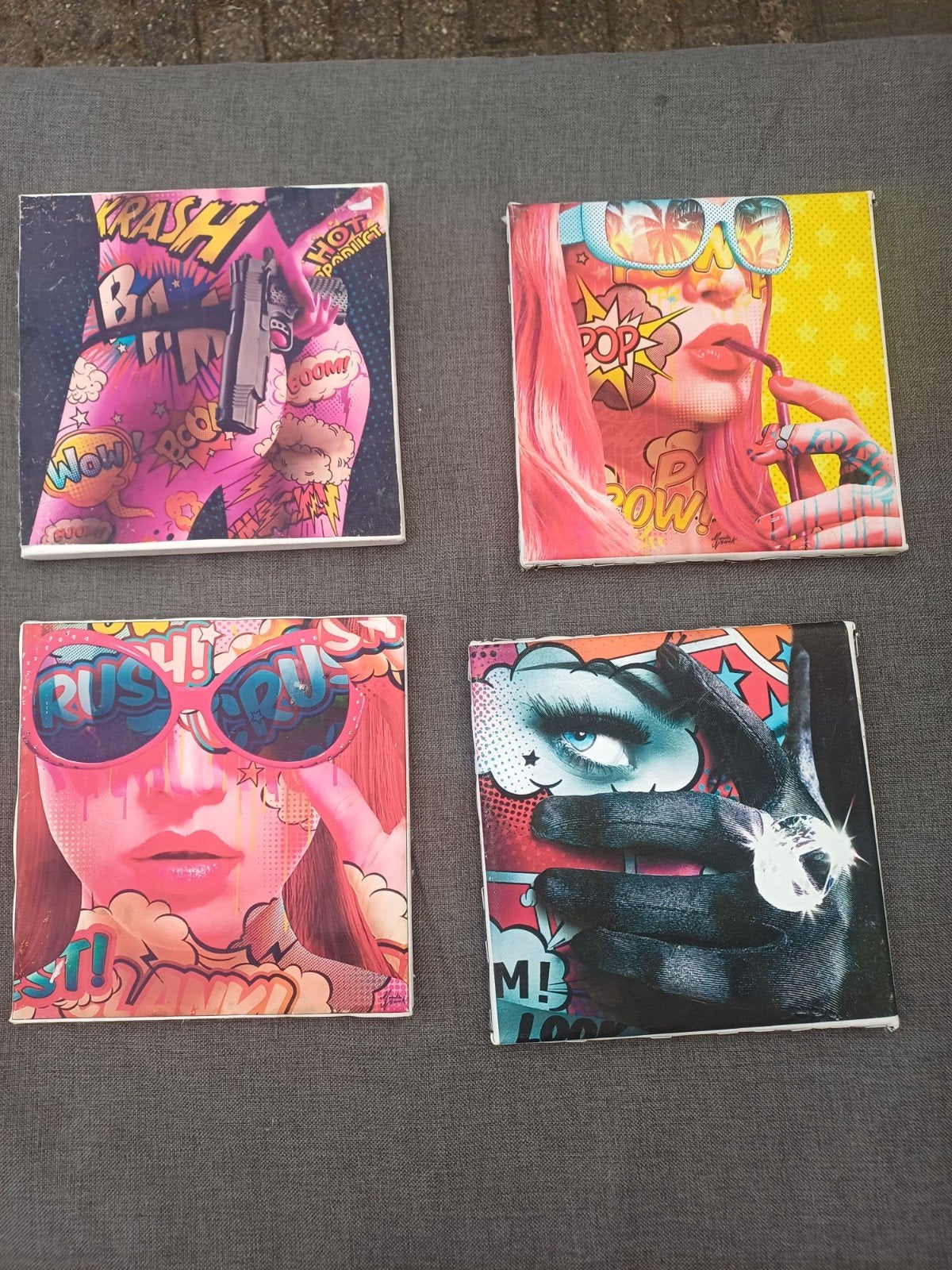 Set van 4 Pop Art schilderijen op canvas, Op houten frame, Ophalen of Verzenden, Print, Stripfiguren/cartoons