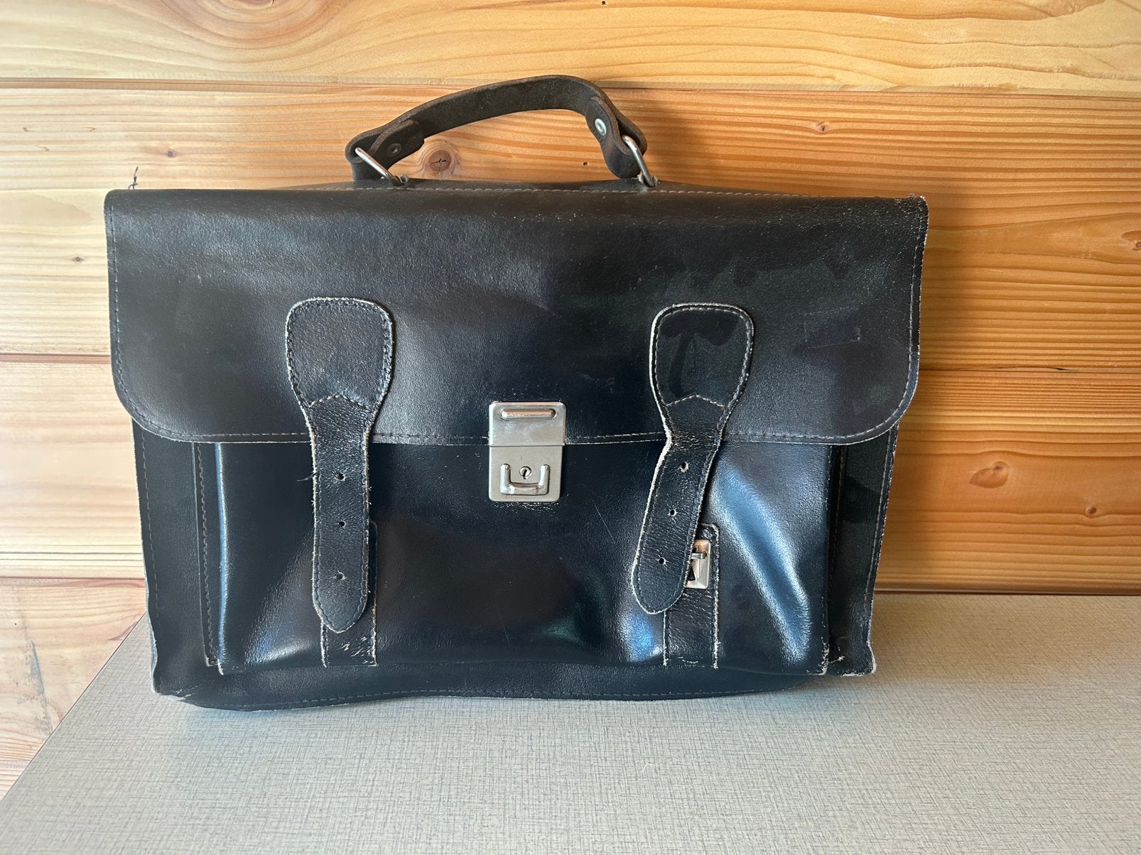 Vintage lederen schooltas, Ophalen, Gebruikt, Zwart, Aktetas of Boekentas