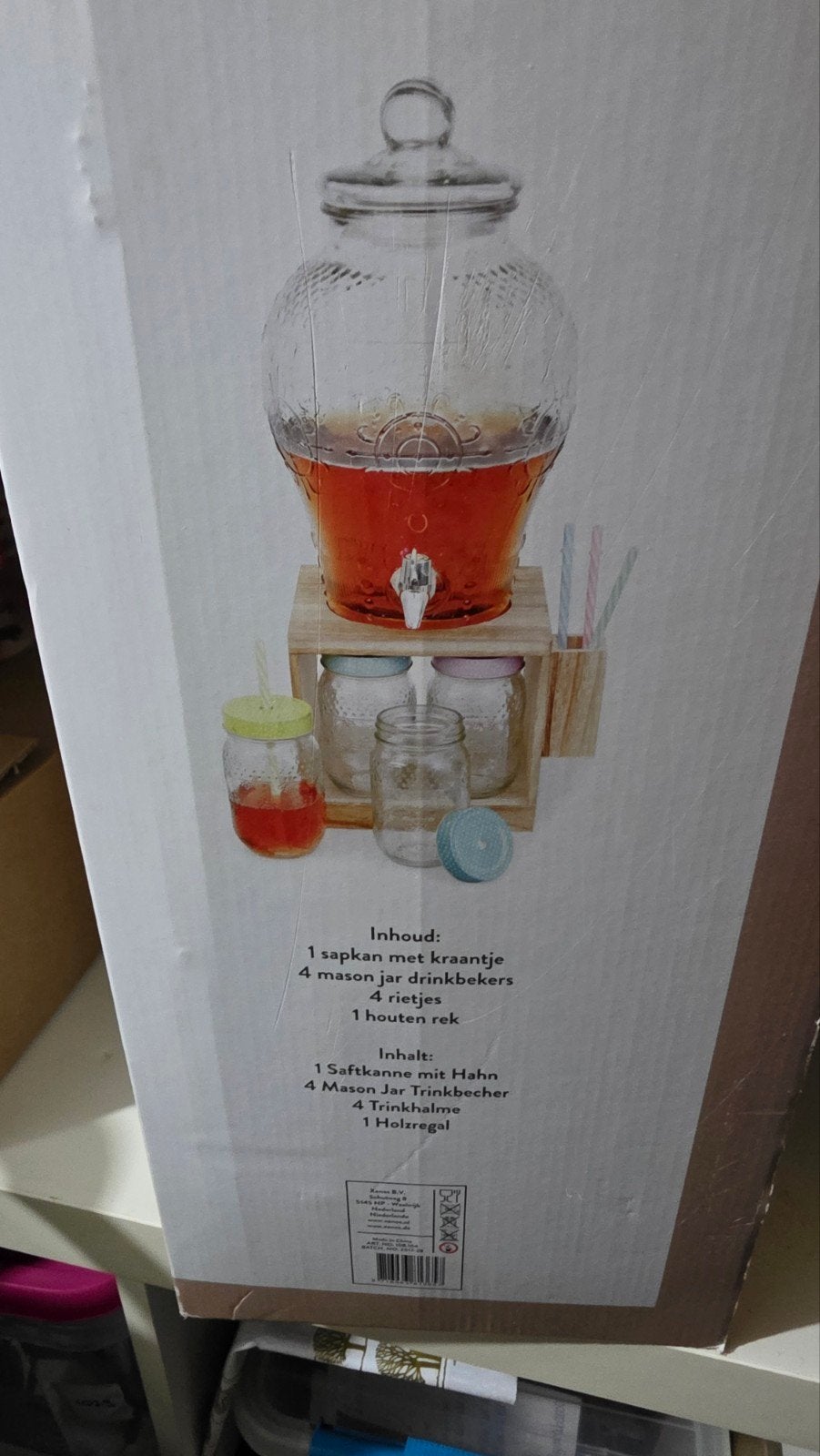Sapkan met kraantje, mason jars en houten rek, Ophalen of Verzenden, Zo goed als nieuw, Meerkleurig, Glas