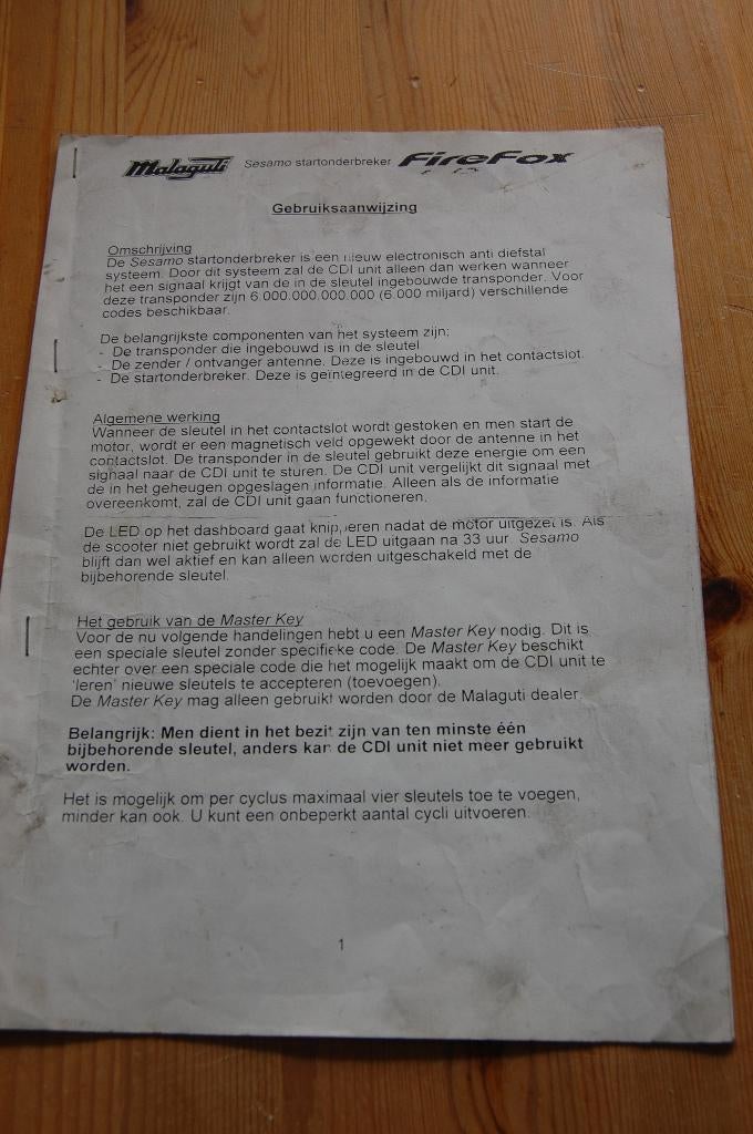 Malaguti F15 Fire Fox handleiding startonderbreker Sesamo, Ophalen of Verzenden, Gebruikt