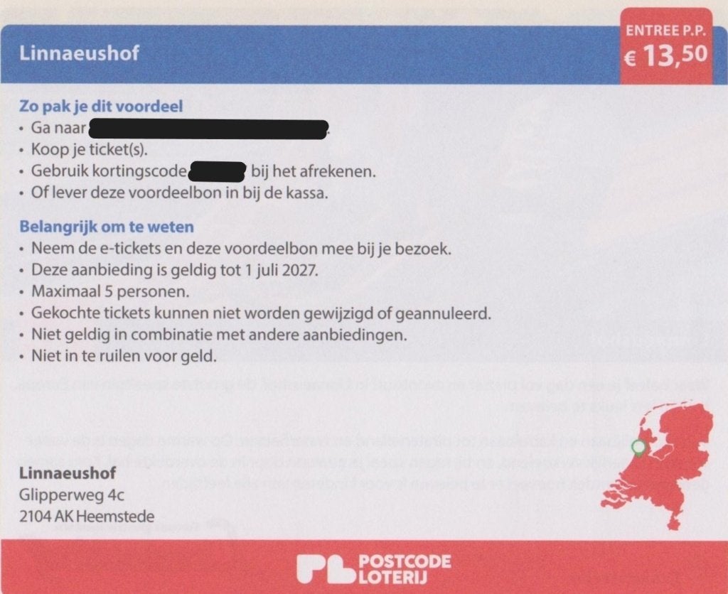 Linnaeushof Heemstede. Entree €13,50 pp. Postcodeloterij bon, Drie personen of meer, Kortingskaart