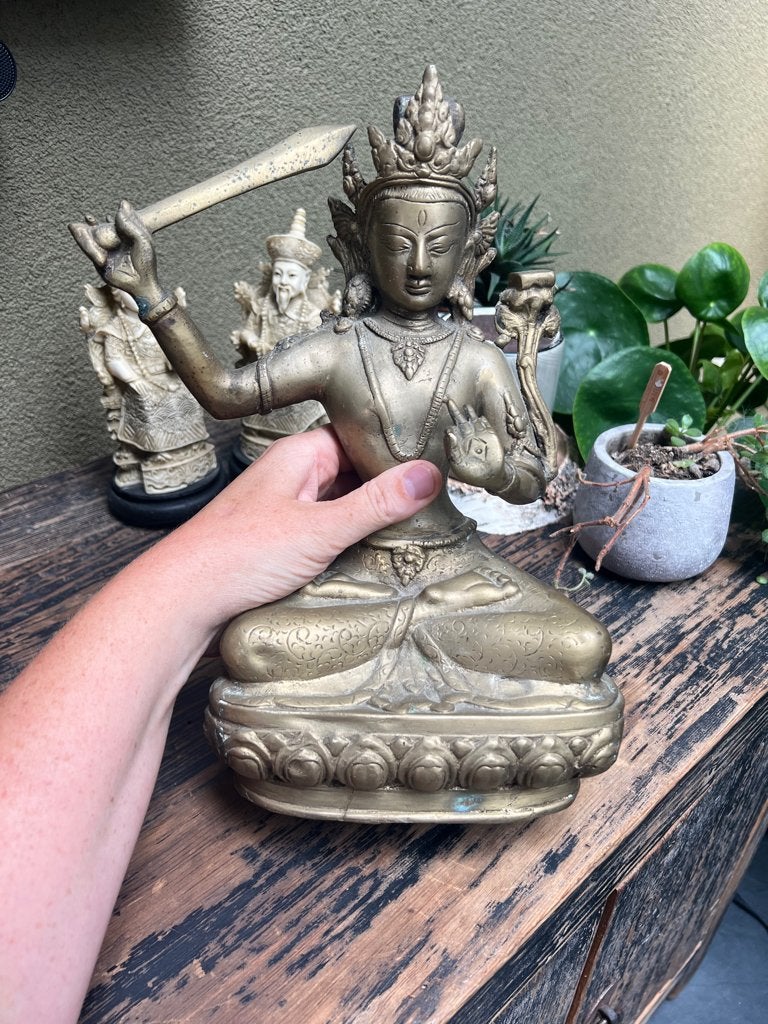 Tibet boeddha brons Avalokitesvara Manjushri Bodhisattva, Verburgt Vintage, Metaal, 28 cm, Ophalen of Verzenden