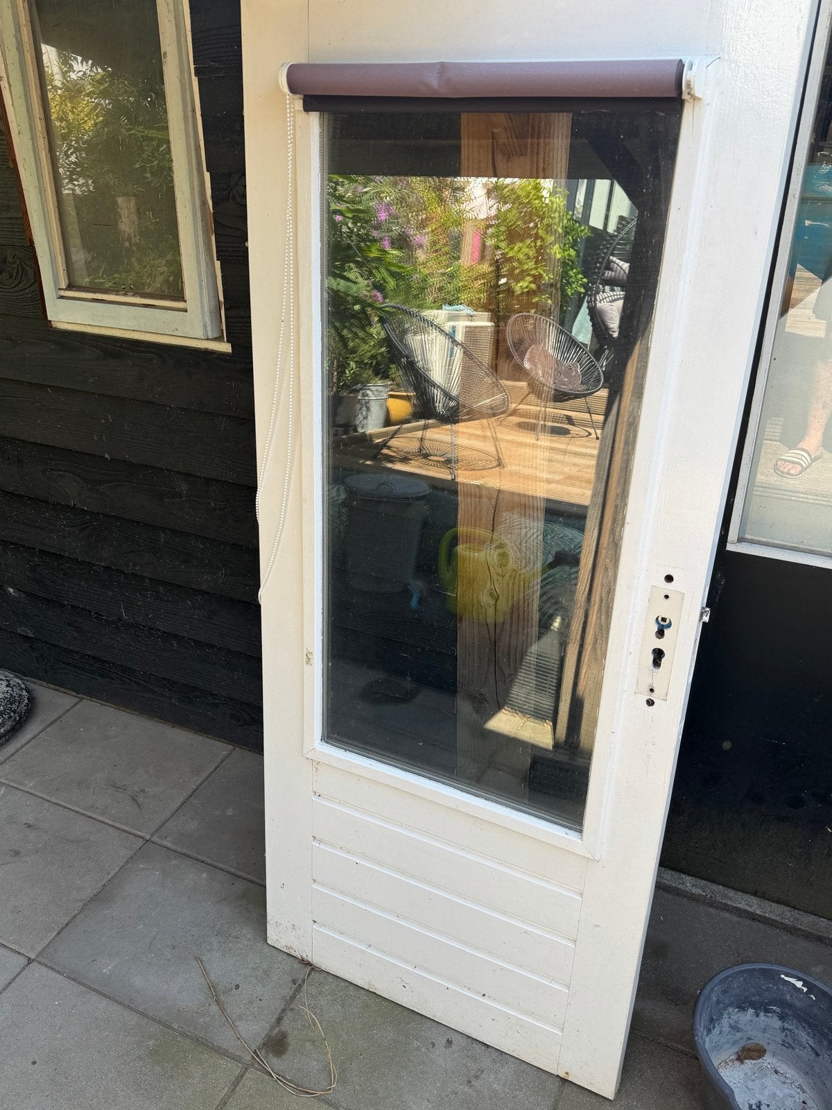 Massief Hardhouten Buitendeur met glas en raam, Ophalen, Gebruikt, 80 tot 100 cm, Minder dan 200 cm