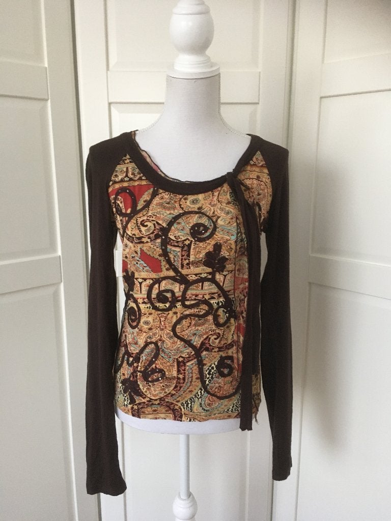 Rene Derhy bruine lovertjes print longsleeve top, maat S, Bruin, Derhy, Ophalen of Verzenden, Lange mouw
