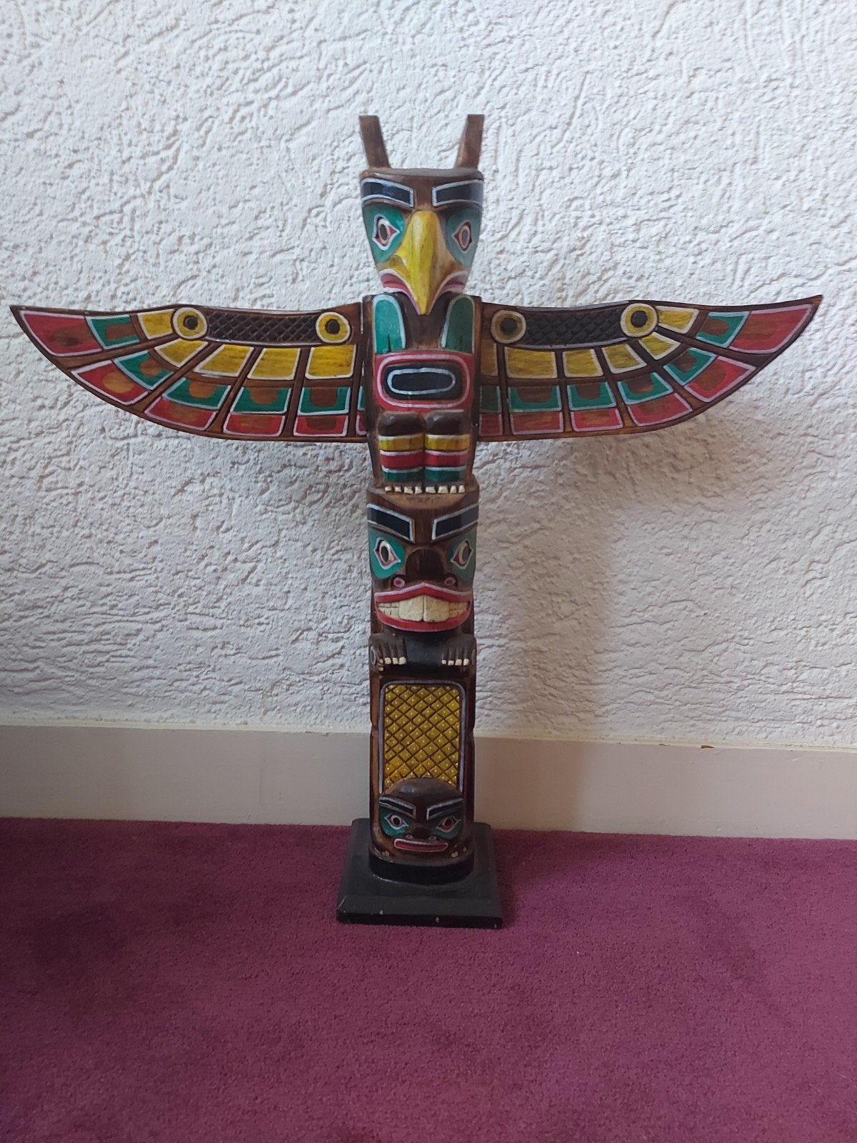 Kleurrijke houten Totempaal met vogel en figuren, Handgemaakt, Hout, Overige stijlen, Meerkleurig