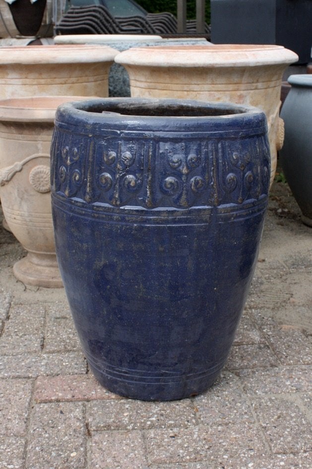 Hoge blauwe geglazuurde bloempotten terras tuin met rand 4x, Tuin en Terras, Bloempotten, Ophalen, 40 cm of meer, Rond, Zo goed als nieuw